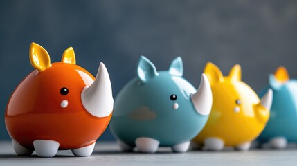 Cute colorful rhino piggy bank row for saving money, educational toy for kids, bright vibrant concept, financial literacy development, budget planning idea