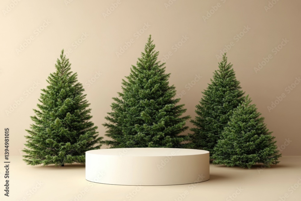 Poster festive christmas display with evergreen trees and minimalist podium for product showcase in studio 