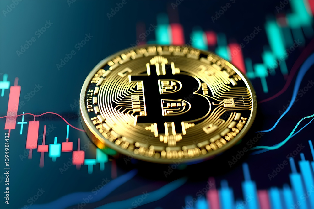 Poster detailed close-up of a luminous golden token with circuitry design on a stock market chart showing f