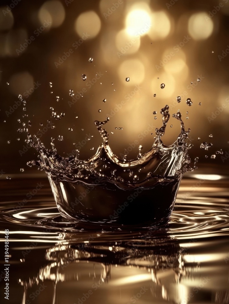 Poster liquid amber crown splash on rippled surface with bokeh background capturing dynamic movement and go