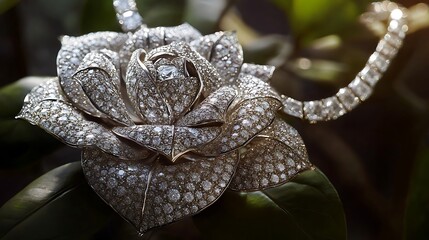 A diamond necklace shaped like a blooming rose, with intricate petals encrusted in diamonds 