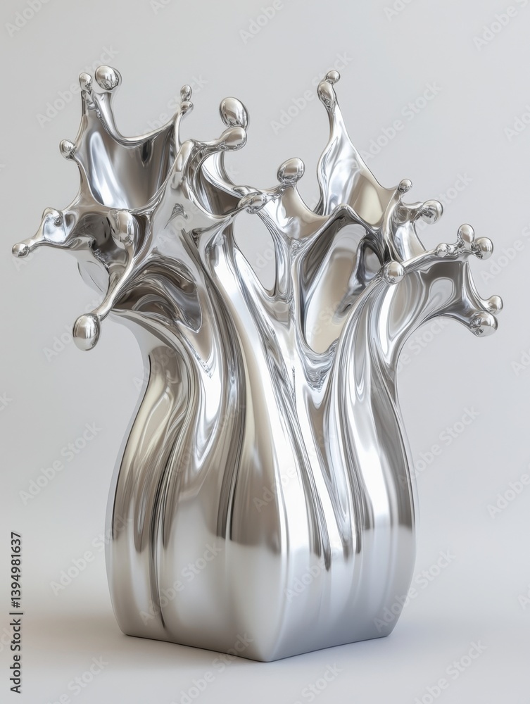 Poster captivating silver liquid sculpture with dynamic splash on neutral backdrop for modern art and desig