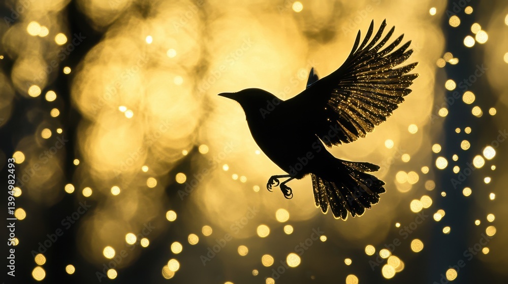 Poster silhouette of a bird in flight against a golden bokeh background creating a magical and ethereal atm