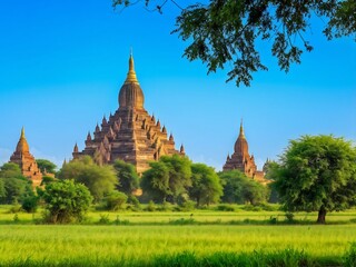 Fototapeta premium Ancient Temples Amidst Lush Greenery in Bagan