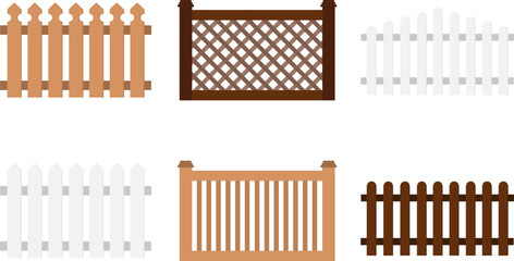 Fence, set of vintage wooden fence isolated on white background. Fence icon. Background image, poster, postcard, vector illustration.