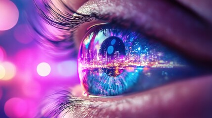 Close-up view of a futuristic cityscape reflected in a human eye with vibrant colors