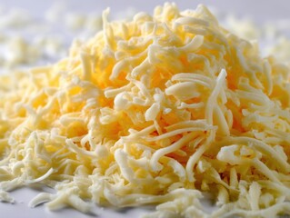 Golden shredded cheese pile on white background showcasing texture and detail for culinary use