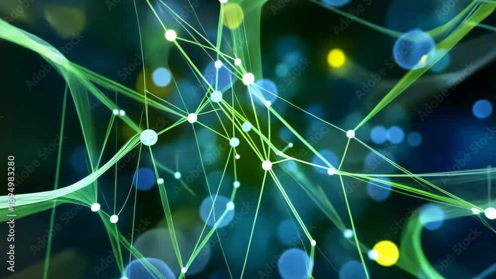 Poster abstract neural network connection visualization with green and yellow light.
