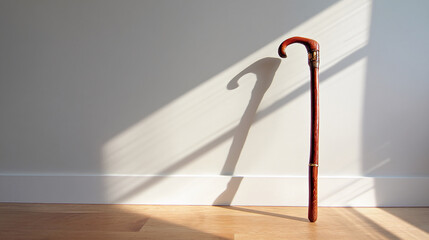 Wooden cane stands against a white wall, illuminated by sunlight casting a shadow, showcasing simple elegance and minimalist design