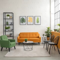 Bright modern living room with orange sofa, green armchair, indoor plants and minimalist decor
