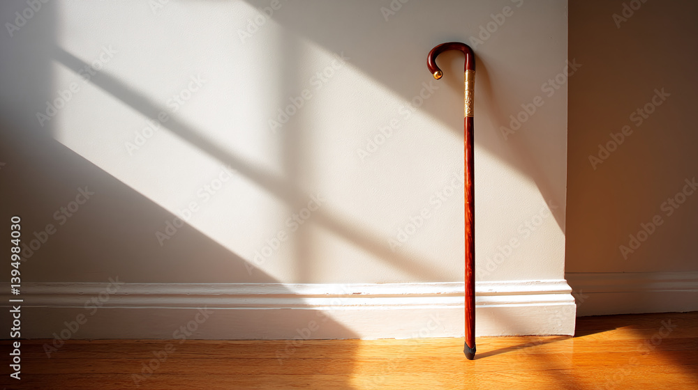 Aufkleber wooden walking stick with a curved handle rests against a wall, sunlight casting shadows on the floo