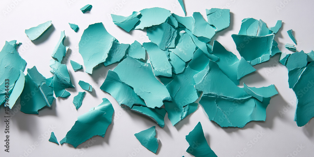 Poster irregular teal fragments scattered on white background, showcasing a textured, cracked surface, symb