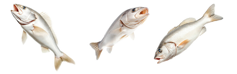 Set of White fish with cod detailed scales, open mouth, and fins isolated on white transparent background, concept of marine wildlife.