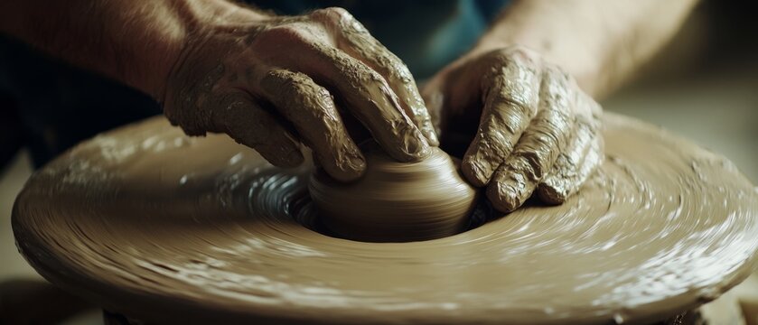 Pottery in progress as a skilled set of hands shapes the clay, spinning silently on the wheel, capturing the artistry and tactile connection in creation.