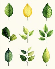 Obraz premium Watercolor Leaves Collection Artistic Botanical Illustration Fresh Green Yellow Tones Nature Inspired Design Organic Elements Natural Light Delicate Brushstrokes