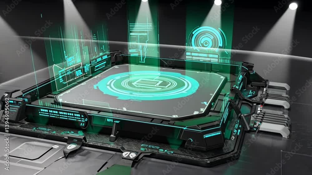 Poster futuristic digital interface with holographic elements in a sleek environment enhancing technologica