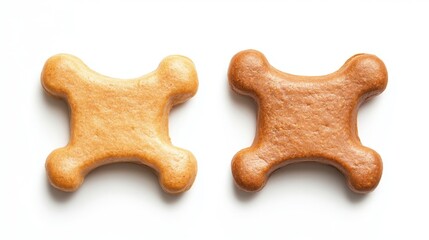 Obraz premium Top view of two dog bone biscuits, spaced evenly on bright white background, crisp PNG style