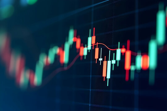 Detailed stock photo illustrating financial market candlestick chart analysis, showcasing economic trends and investment strategies within a technological framework