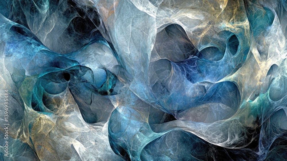 Poster abstract fractal design with swirling, ethereal forms, in shades of blue, grey and gold. complex, or