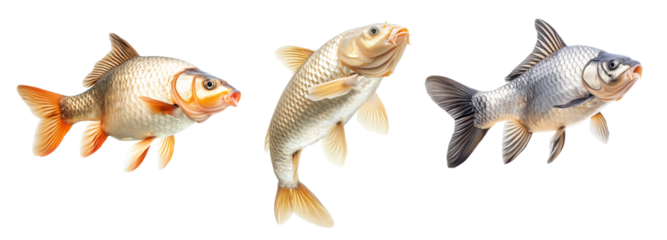 Set of common carp fish with detailed scales and fins, isolated on white transparent background, concept of aquatic life