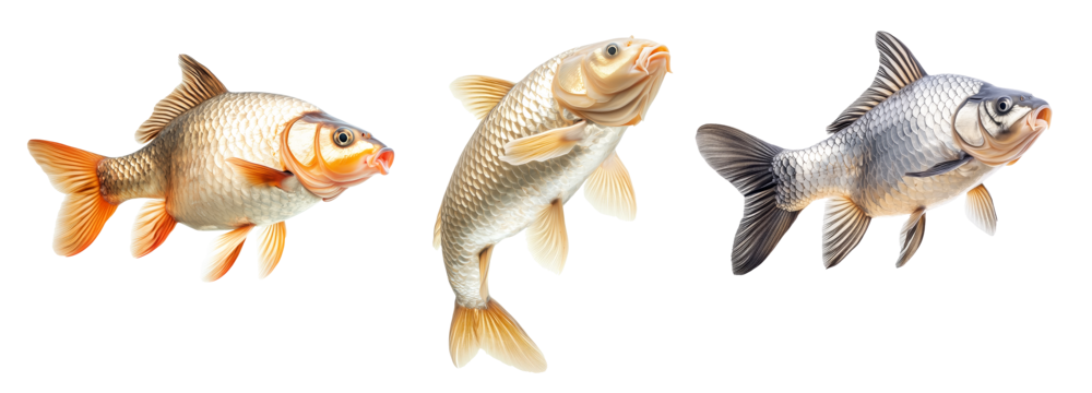 Set of common carp fish with detailed scales and fins, isolated on white transparent background, concept of aquatic life