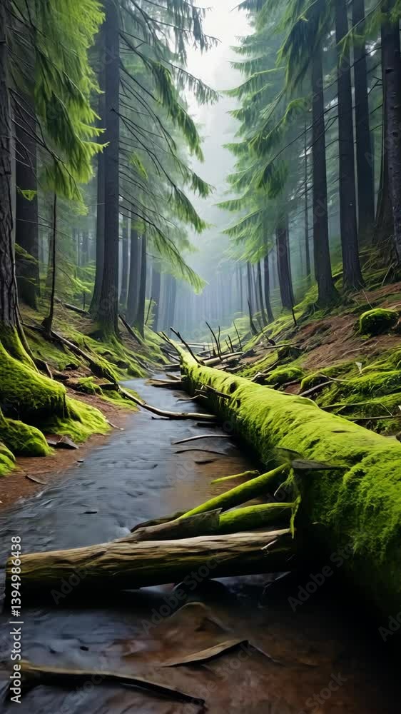 Poster dense forest with a flowing stream and moss-covered fallen trees in a serene landscape setting