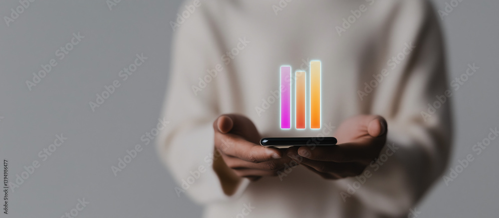 Poster business insight on the go: a close-up shot of hands cradling a smartphone with an illuminated bar g