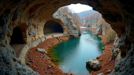 Detailed photo of Grotte de Trabuc, France at midday with cool, rainy winter weather, captured from above.