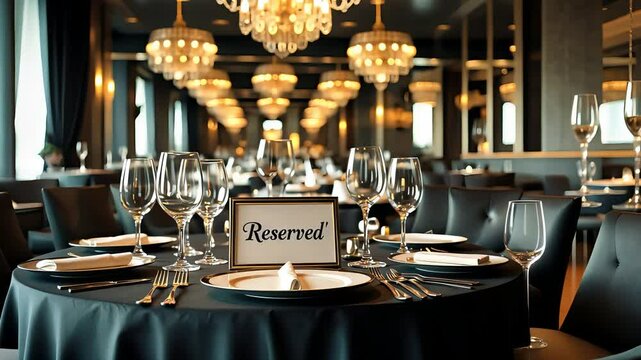Elegant fine dining restaurant with black tablecloths, crystal chandeliers, glassware, and a reserved sign on a perfectly set formal table

