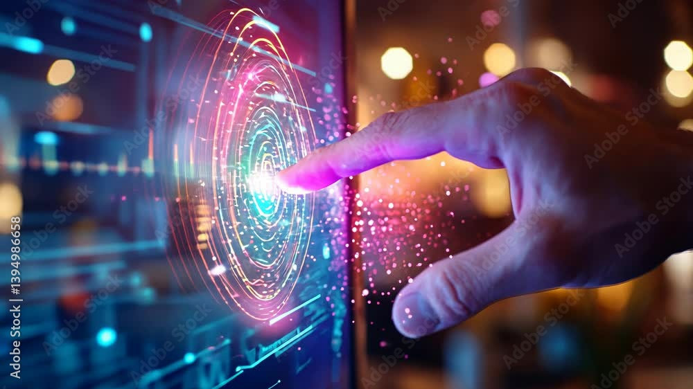 Poster futuristic touchscreen interaction with digital interface and neon lights.