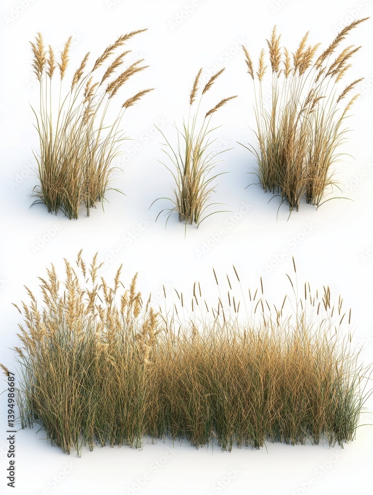 Poster serene composition of various ornamental grass tufts on a white backdrop in a studio setting