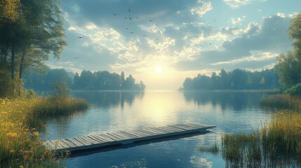 Serene Lake Landscape with Sunburst and Reflections Peaceful Scene of Nature