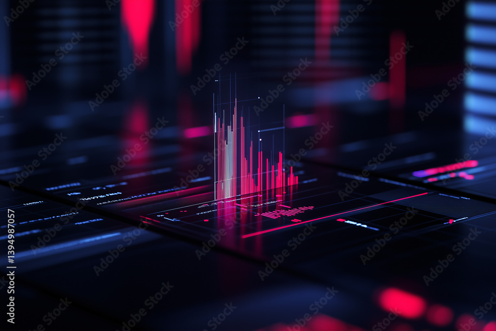 Poster digital data visualization: an eye-level shot presents a futuristic digital landscape, featuring a m