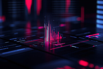 Digital Data Visualization: An eye-level shot presents a futuristic digital landscape, featuring a mesmerizing data visualization display that pulsates with vivid colors.