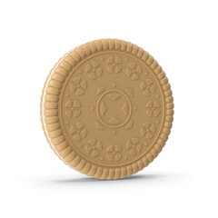 3D rendering close-up of sandwich cookie biscuit with cream filling intricate pattern design isolated on a white background