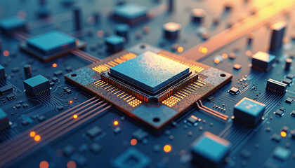 Glowing microchip on circuit board, blue futuristic technology