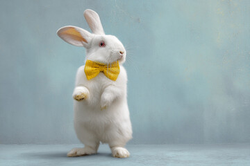 White rabbit wearing yellow bow tie standing on hind legs against light-blue background, showcasing elegance and charm, ideal for Easter or pet-related projects