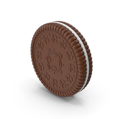 3D rendering close-up of chocolate sandwich cookie biscuit with cream filling intricate pattern design isolated on a white background