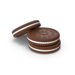 3D rendering close-up of chocolate sandwich cookie biscuit with cream filling intricate pattern design isolated on a white background
