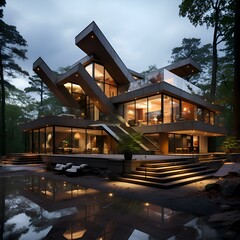 Fototapeta premium Modern Geometric Villa in Forest at Night