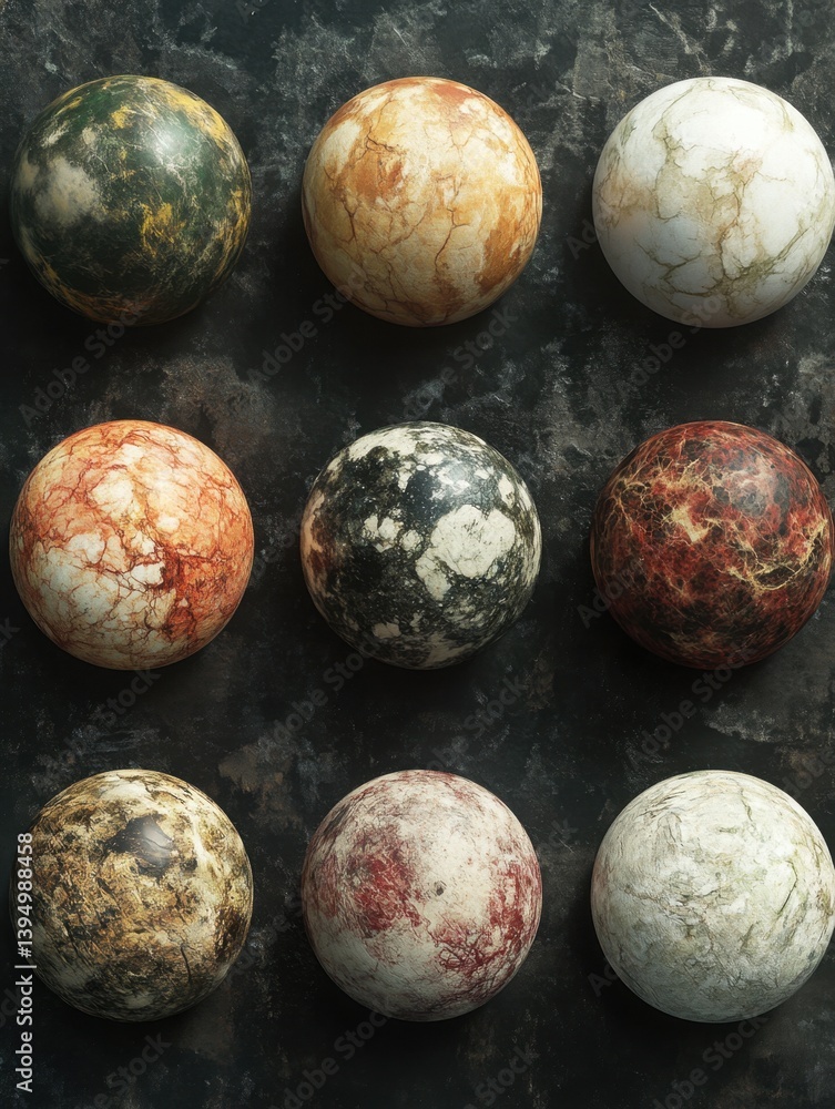 Poster collection of textured spheres on dark background showcasing unique surface patterns and material va