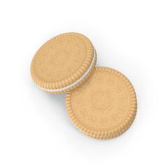 3D rendering close-up of sandwich cookie biscuit with cream filling intricate pattern design isolated on a white background
