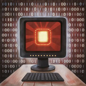 Futuristic computer screen with binary code, showcasing the evolution of technology in a creative digital design.