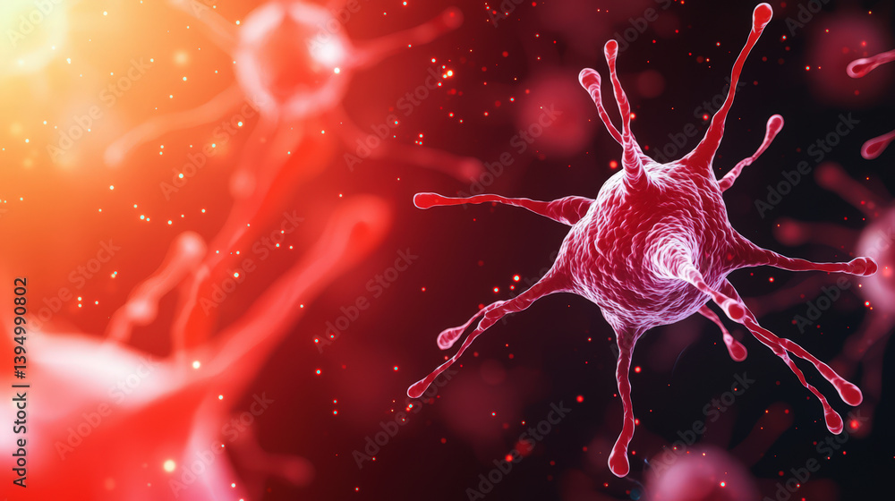 Poster a vibrant, abstract representation of a virus or bacteria, showcasing intricate details and a dynami