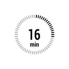 16 timer minutes symbol icon vector black style isolated on white background. Clock, stopwatch, sport icon