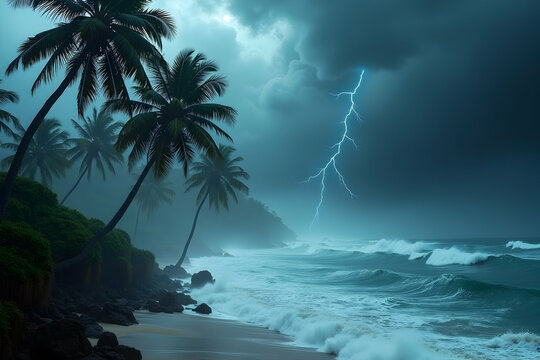 Dramatic Coastal Storm, Lightning Strikes Over Tropical Beach with Palm Trees and Crashing Waves, Evoking a Sense of Awe and the Raw Power of Nature