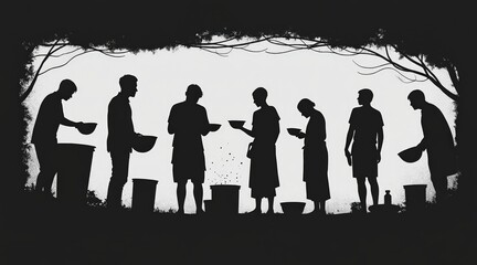 A poignant image of silhouetted figures holding empty bowls, highlighting social issues related to hunger and poverty.