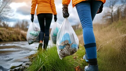 Volunteers clean riverbank collecting litter in eco-friendly community effort.