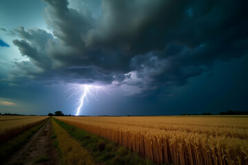 Dramatic interplay of light and shadow as a thunderstorm unleashes its fury over a wheat field, showcasing nature's raw power and beauty