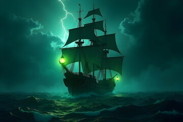 Dramatic maritime adventure featuring an old galleon sailing through stormy seas illuminated by a vibrant green glow under a sky illuminated by lightning flashes